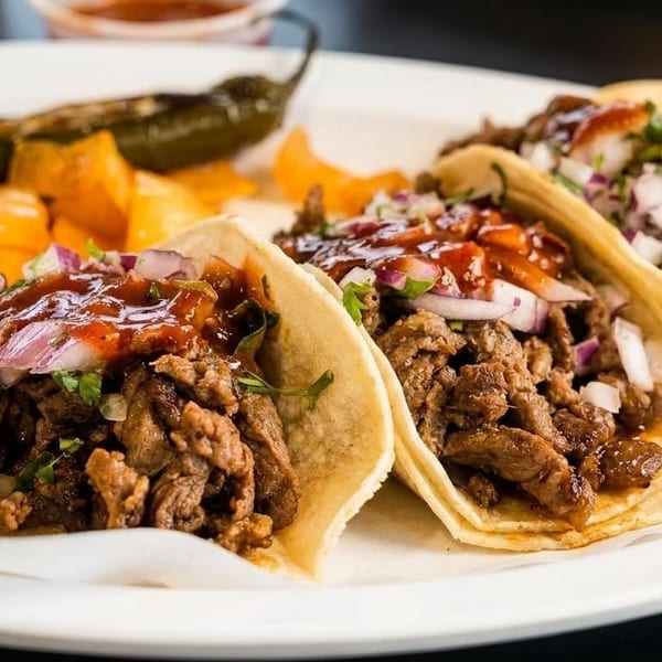 Three street tacos with meat, red onion, and sauce, served with lime, grilled peppers, and fries.