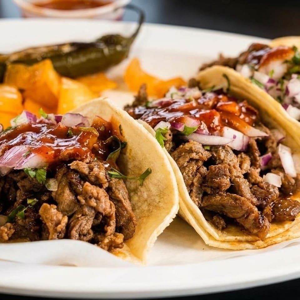 Three street tacos with meat, red onion, and sauce, served with lime, grilled peppers, and fries.