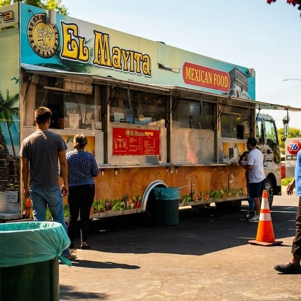 People ordering food from the "El Mayra Mexican Food" truck on a sunny day.
