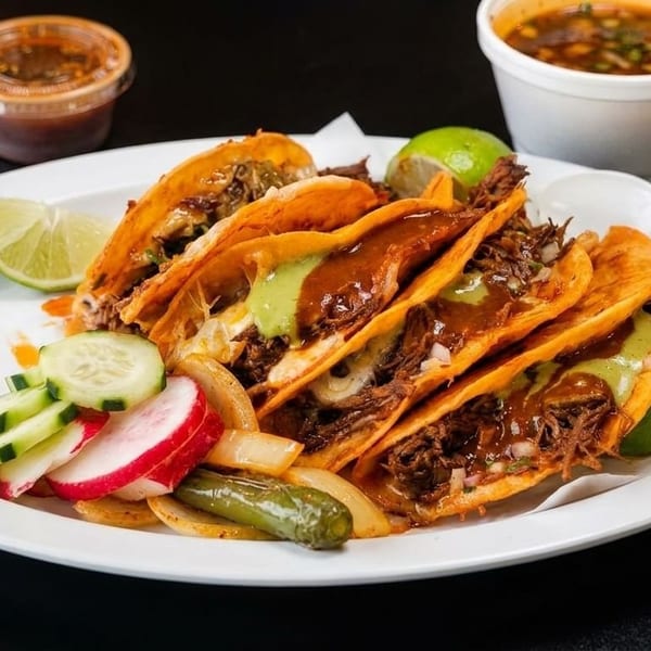A plate of birria tacos with lime, cucumber, radish, and sauces on a dark table.
